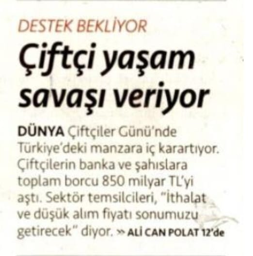 CUMHURİYET GAZETESİ: SEKTÖRÜN BANKA VE ŞAHISLARA BORCU 850 MİLYAR TL’Yİ AŞARKEN ÇİFTÇİ FAİZ DESTEĞİ BEKLİYOR- 14 MAYIS 2024
