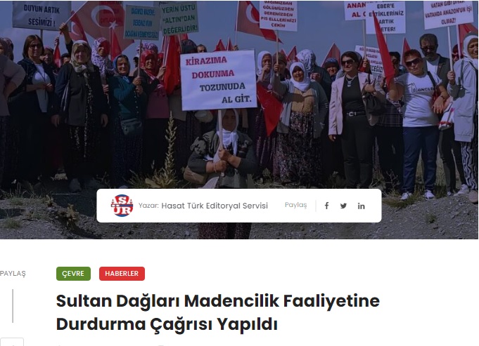 HASATTÜRK GAZETESİ: SULTAN DAĞLARI MADENCİLİK FAALİYETİNE DURDURMA ÇAĞRISI YAPILDI- 28 MAYIS 2024