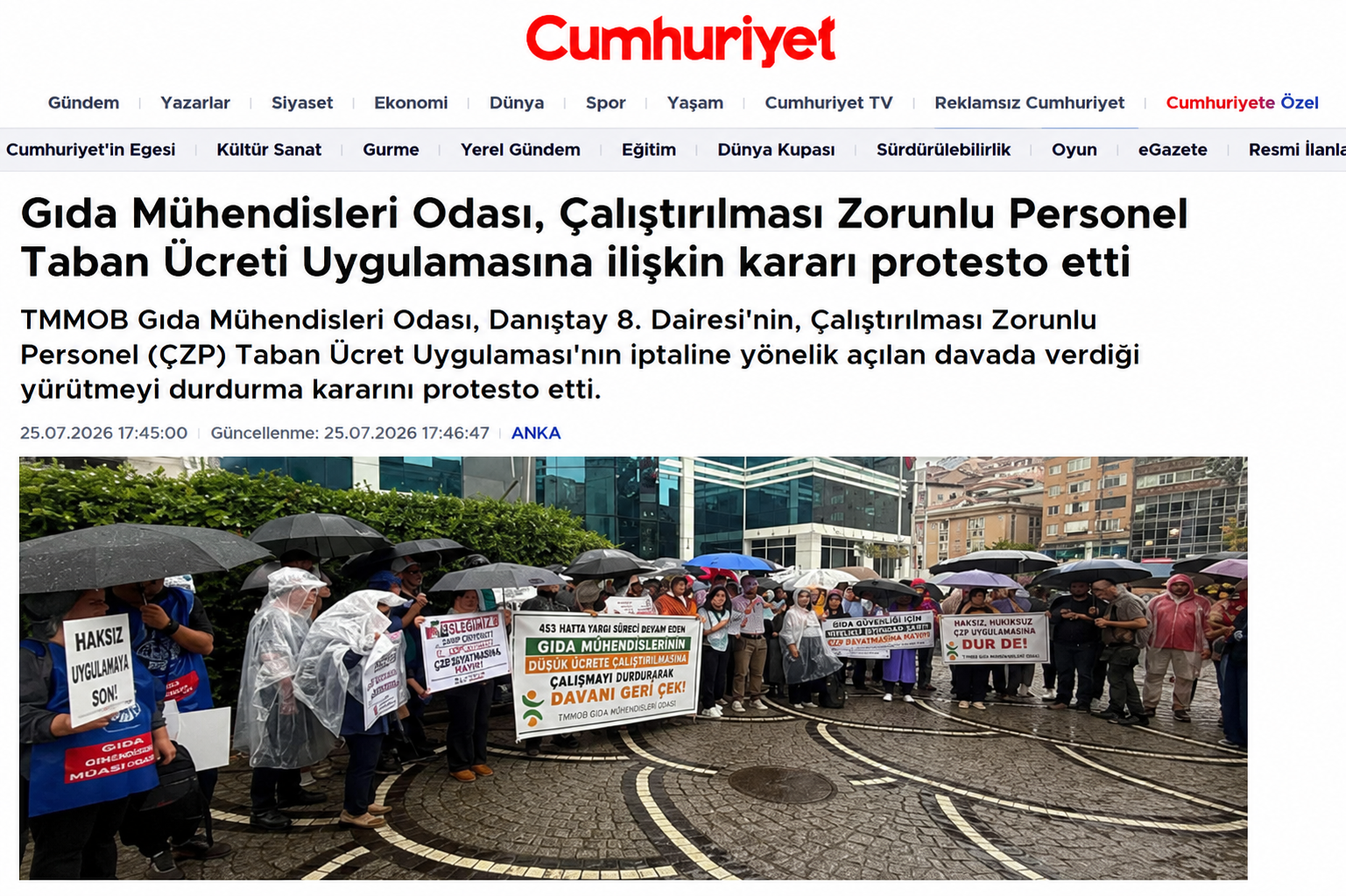 CUMHURİYET GAZETESİ: GIDA MÜHENDİSLERİ ODASI, ÇALIŞTIRILMASI ZORUNLU PERSONEL TABAN ÜCRETİ UYGULAMASINA İLİŞKİN KARARI PROTESTO ETTİ- 25 TEMMUZ 2026 