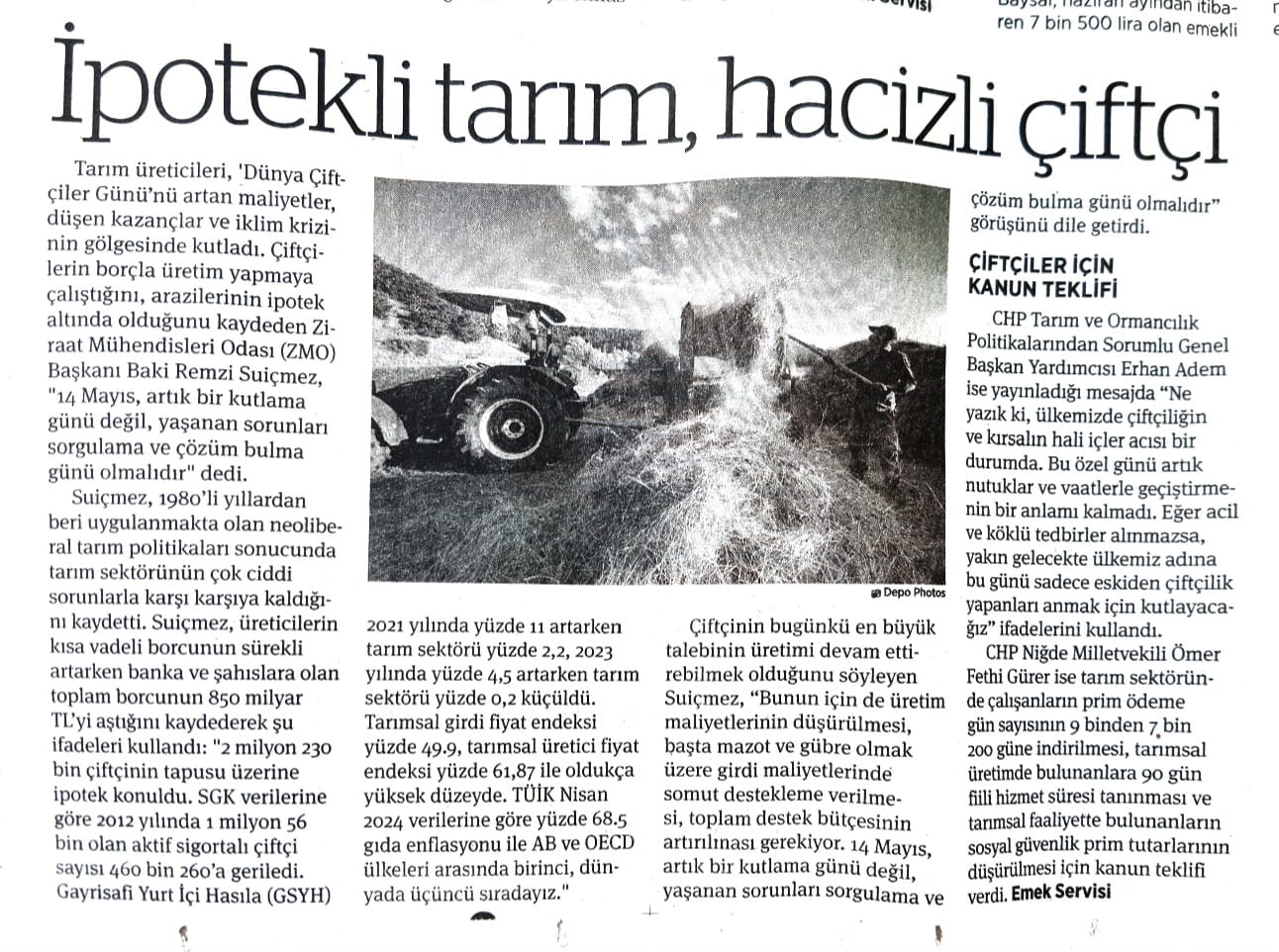 BİRGÜN GAZETESİ: İPOTEKLİ TARIM, HACİZLİ ÇİFTÇİ- 15 MAYIS 2024