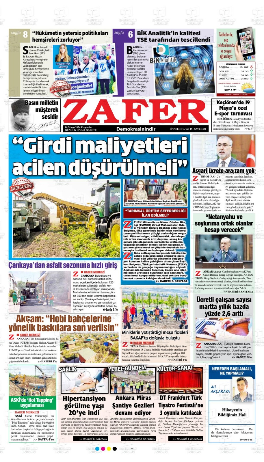 ZAFER GAZETESİ: “GİRDİ MALİYETLERİ ACİLEN DÜŞÜRÜLMELİ”- 16 MAYIS 2024