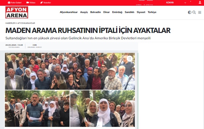 AFYON ARENA GAZETESİ: MADEN ARAMA RUHSATININ İPTALİ İÇİN AYAKTALAR- 29 MAYIS 2024