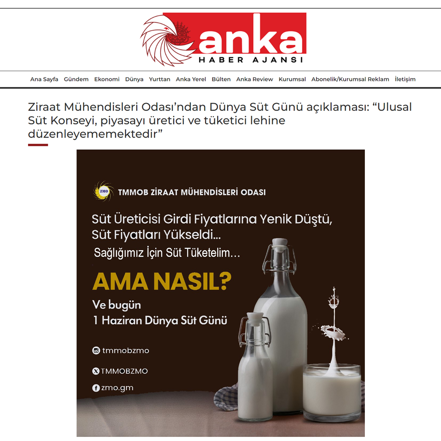 ANKA HABER AJANSI: ZİRAAT MÜHENDİSLERİ ODASI’NDAN DÜNYA SÜT GÜNÜ AÇIKLAMASI: “ULUSAL SÜT KONSEYİ, PİYASAYI ÜRETİCİ VE TÜKETİCİ LEHİNE DÜZENLEYEMEMEKTEDİR” - 1 HAZİRAN 2024