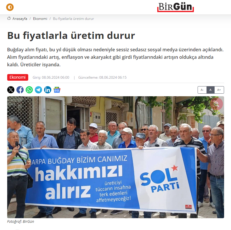 BİRGÜN GAZETESİ: BU FİYATLARLA ÜRETİM DURUR- 8 HAZİRAN 2024