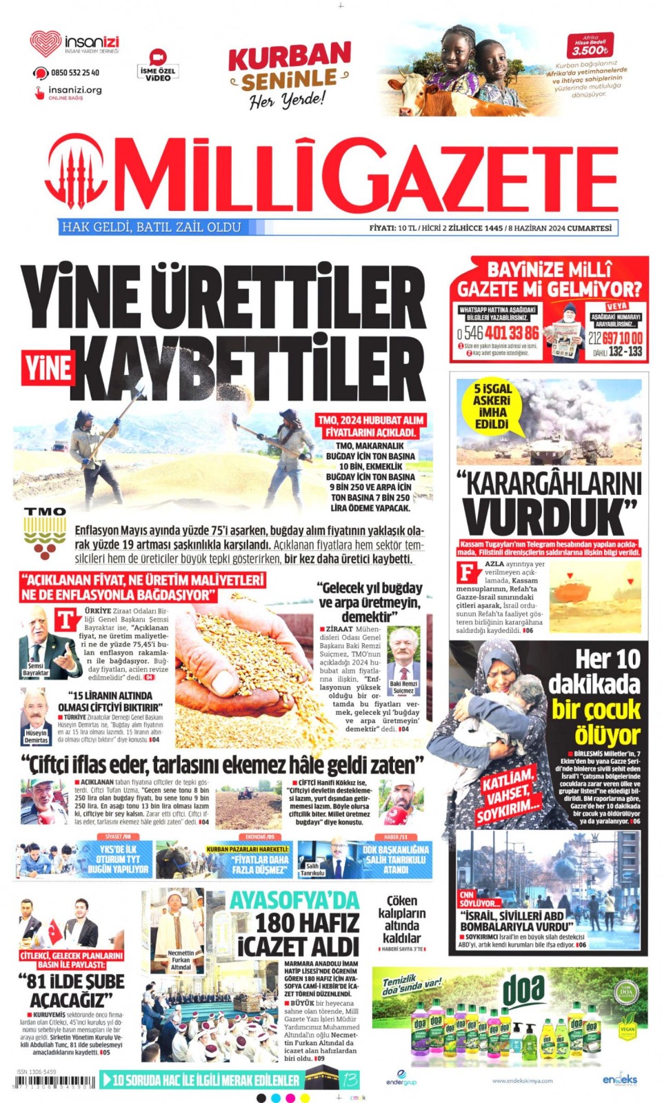 MİLLİ GAZETE: YİNE ÜRETTİLER YİNE KAYBETTİLER- 8 HAZİRAN 2024