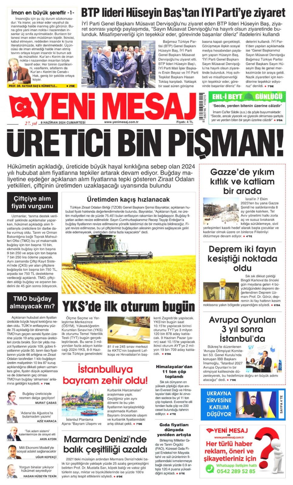 YENİ MESAJ GAZETESİ: BUĞDAY ÜRETİCİSİYLE RESMEN DALGA GEÇİLİYOR!- 8 HAZİRAN 2024
