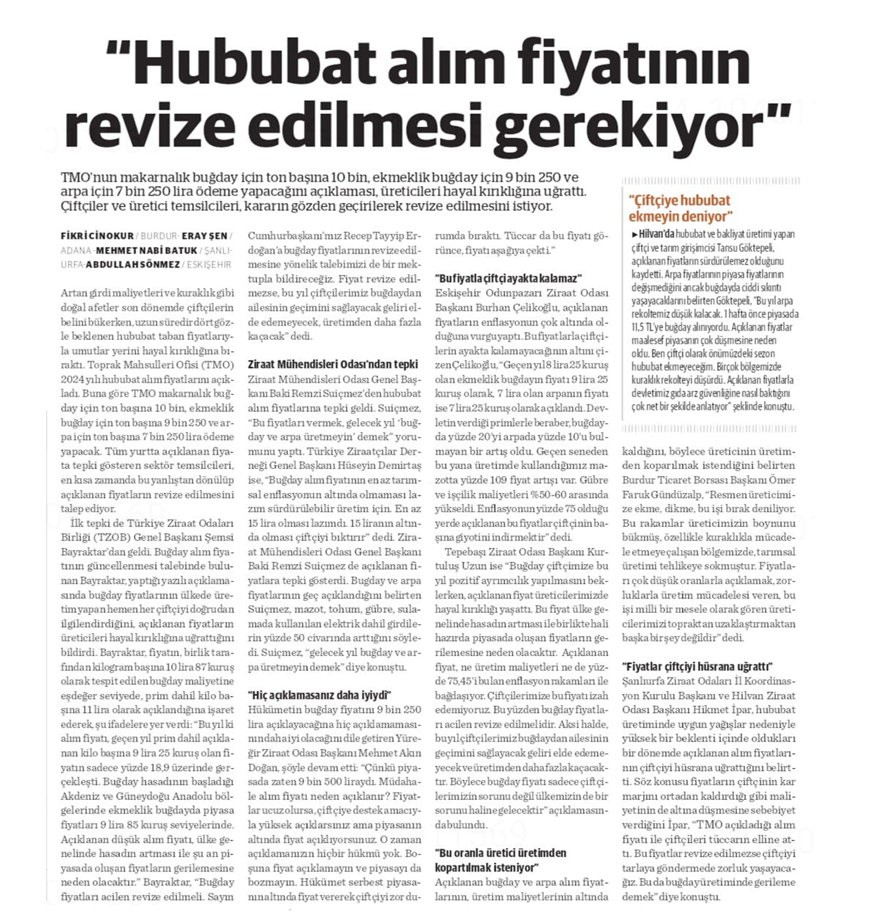 EKONOMİM.COM: "HUBUBAT ALIM FİYATININ REVİZE EDİLMESİ GEREKİYOR"- 10 HAZİRAN 2024