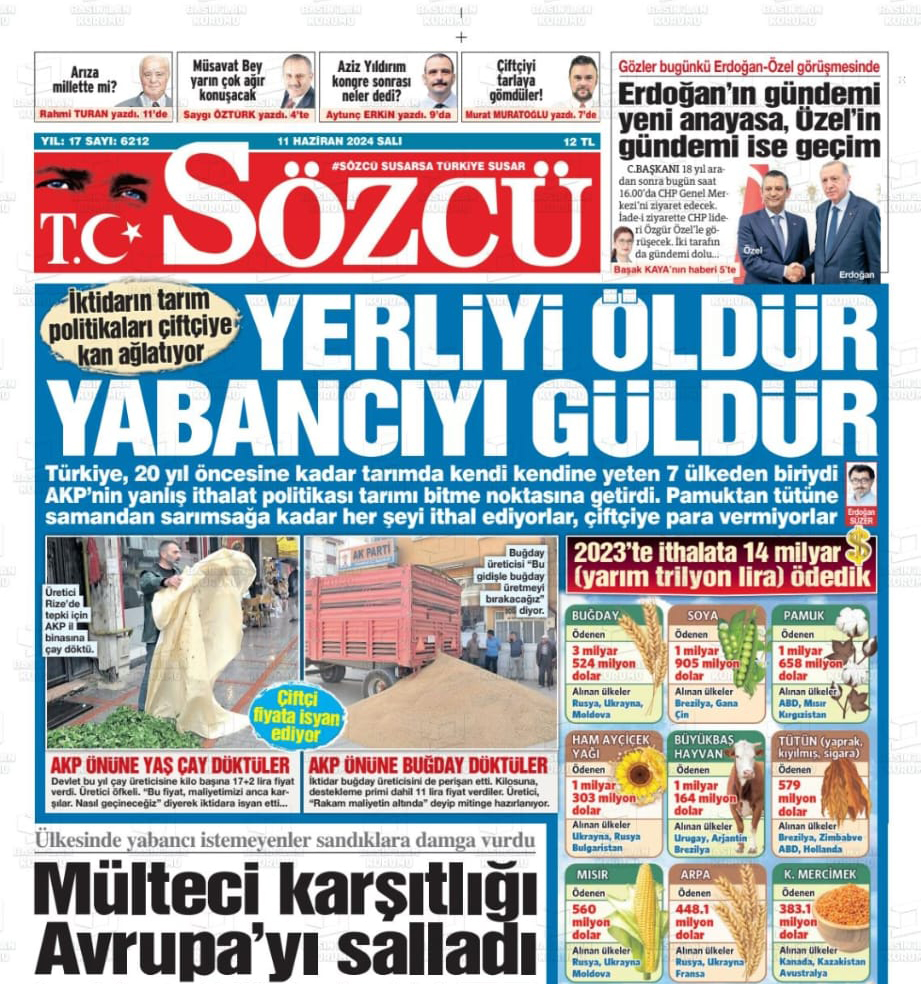 SÖZCÜ GAZETESİ: YERLİYİ ÖLDÜRÜP YABANCILARI GÜLDÜRDÜLER- 11 HAZİRAN 2024