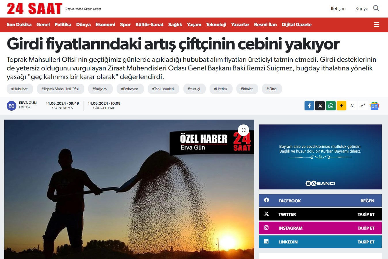24 SAAT GAZETESİ: GİRDİ FİYATLARINDAKİ ARTIŞ ÇİFTÇİNİN CEBİNİ YAKIYOR- 14 HAZİRAN 2024