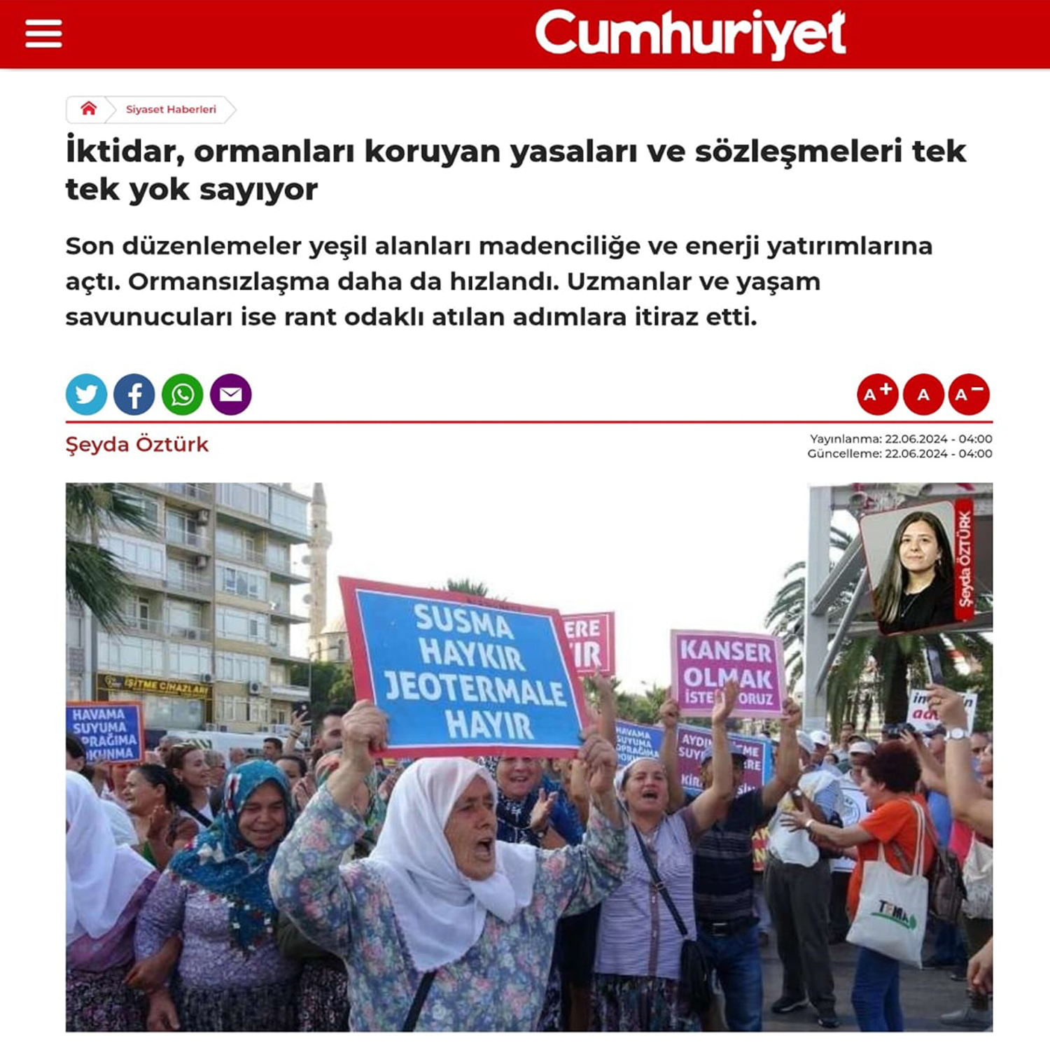 CUMHURİYET GAZETESİ: İKTİDAR, ORMANLARI KORUYAN YASALARI VE SÖZLEŞMELERİ TEK TEK YOK SAYIYOR - 22 HAZİRAN 2024
