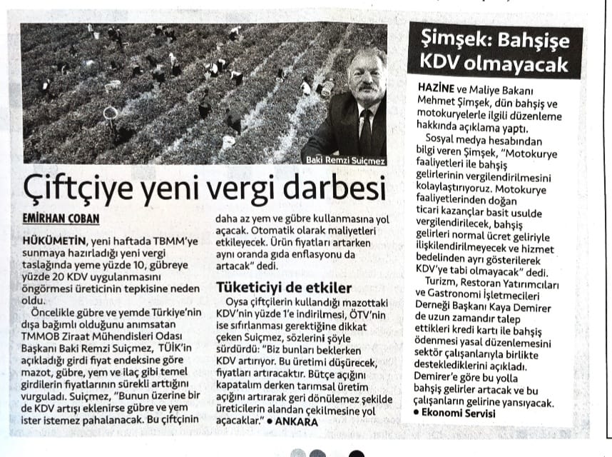 CUMHURİYET GAZETESİ: ÇİFTÇİYE YENİ VERGİ DARBESİ - 23 HAZİRAN 2024