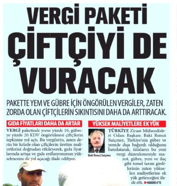 YENİASYA GAZETESİ: VERGİ PAKETİ ÇİFTÇİYİ DE VURACAK- 24 HAZİRAN 2024