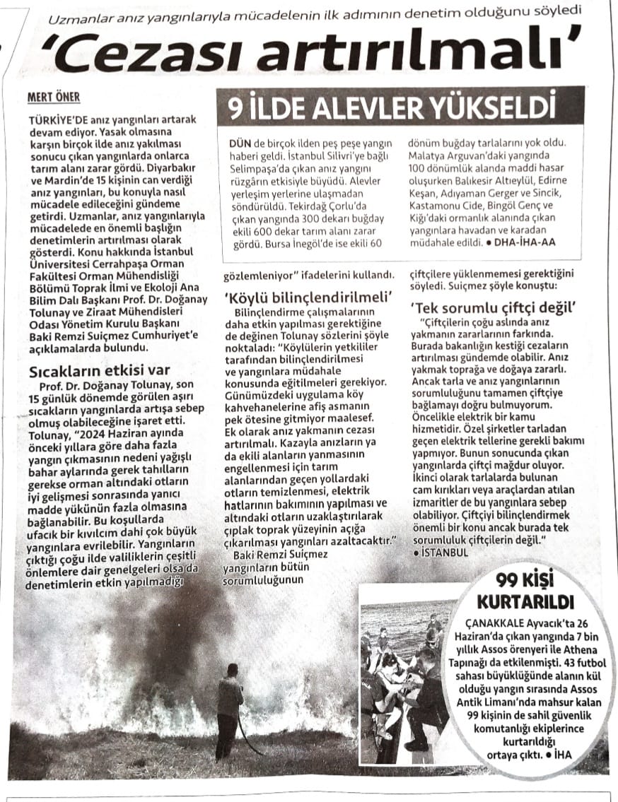CUMHURİYET GAZETESİ: UZMANLAR ANIZ YANGINLARIYLA MÜCADELENİN İLK ADIMININ DENETİM OLDUĞUNU SÖYLEDİ- 29 HAZİRAN 2024