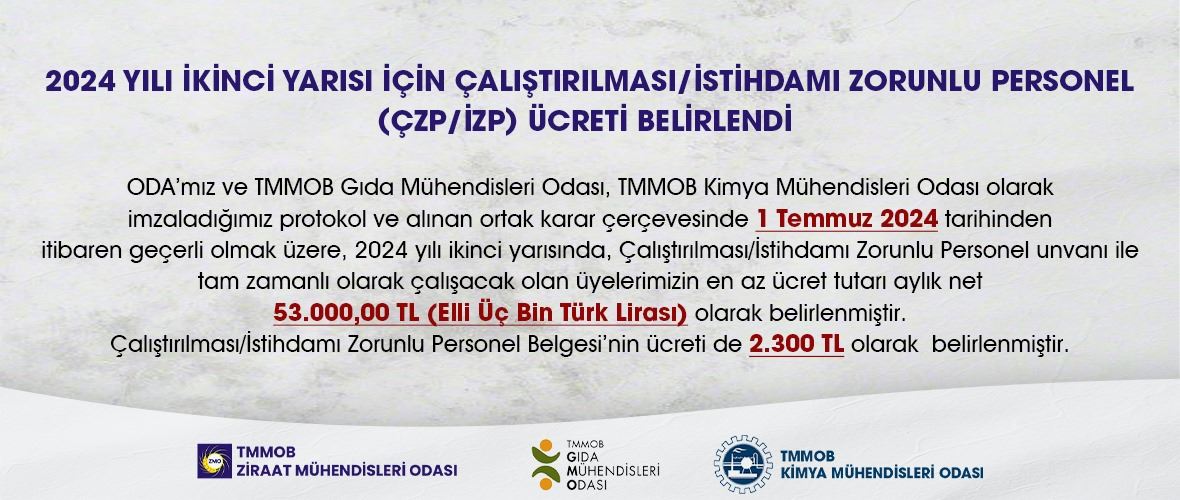 2024 YILI İKİNCİ YARISI İÇİN ÇALIŞTIRILMASI/İSTİHDAMI ZORUNLU PERSONEL (ÇZP/İZP) ÜCRETİ BELİRLENDİ 
