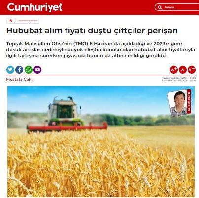 CUMHURİYET GAZETESİ: HUBUBAT ALIM FİYATI DÜŞTÜ ÇİFTÇİLER PERİŞAN- 12 TEMMUZ 2024