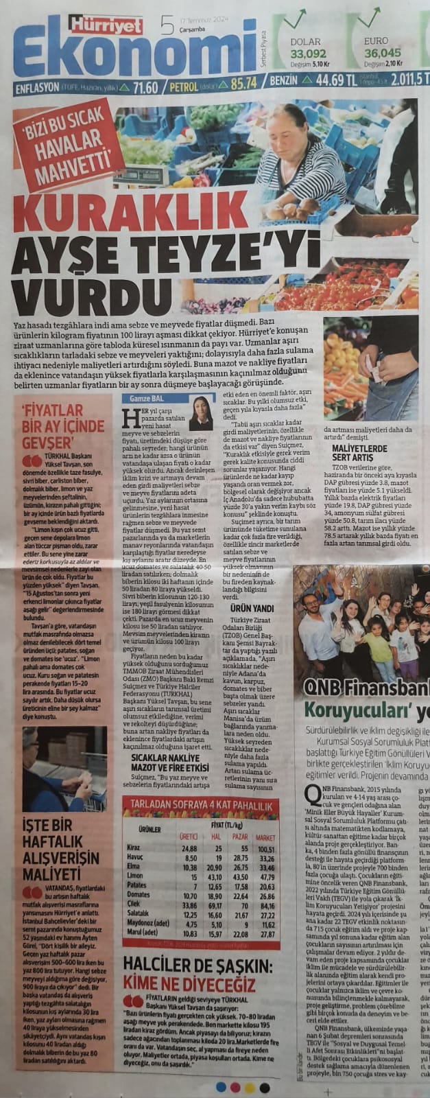 HÜRRİYET GAZETESİ: KURAKLIK AYŞE TEYZE’Yİ VURDU- 17 TEMMUZ 2024