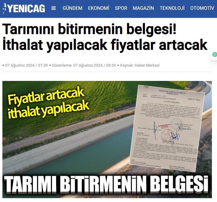 YENİÇAĞ GAZETESİ: TARIMINI BİTİRMENİN BELGESİ! İTHALAT YAPILACAK FİYATLAR ARTACAK- 7 AĞUSTOS 2024