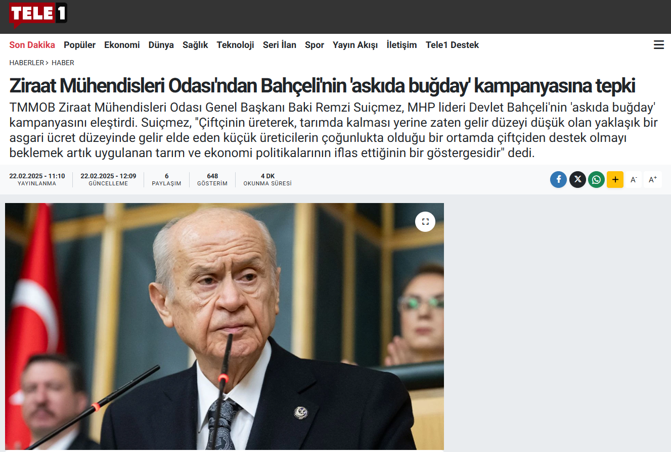 TELE 1: ZİRAAT MÜHENDİSLERİ ODASI'NDAN BAHÇELİ'NİN 'ASKIDA BUĞDAY' KAMPANYASINA TEPKİ - 22 ŞUBAT 2025