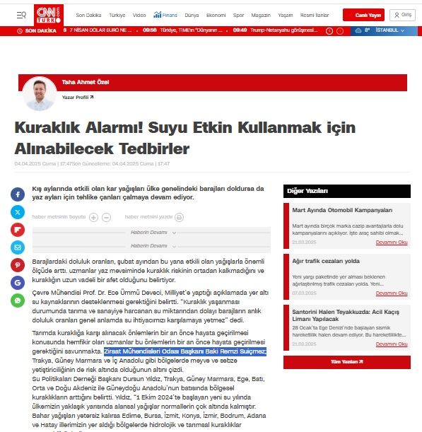 CNNTURK.COM: KURAKLIK ALARMI! SUYU ETKİN KULLANMAK İÇİN ALINABİLECEK TEDBİRLER- 4 NİSAN 2025