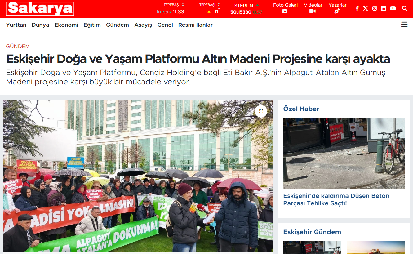SAKARYA GAZETESİ: ESKİŞEHİR DOĞA VE YAŞAM PLATFORMU ALTIN MADENİ PROJESİNE KARŞI AYAKTA - 09 NİSAN 2025