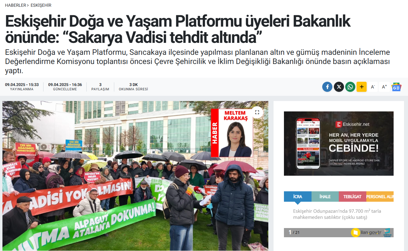ESKİSEHİR.NET: ESKİŞEHİR DOĞA VE YAŞAM PLATFORMU ÜYELERİ BAKANLIK ÖNÜNDE: “SAKARYA VADİSİ TEHDİT ALTINDA”-09 NİSAN 2025