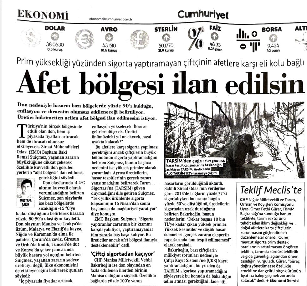 CUMHURİYET GAZETESİ: DONUN VURDUĞU ÜRETİCİ KARA KARA DÜŞÜNÜYOR: TEK ÇÖZÜM ‘AFET BÖLGESİ İLANI’ - 15 NİSAN 2025
