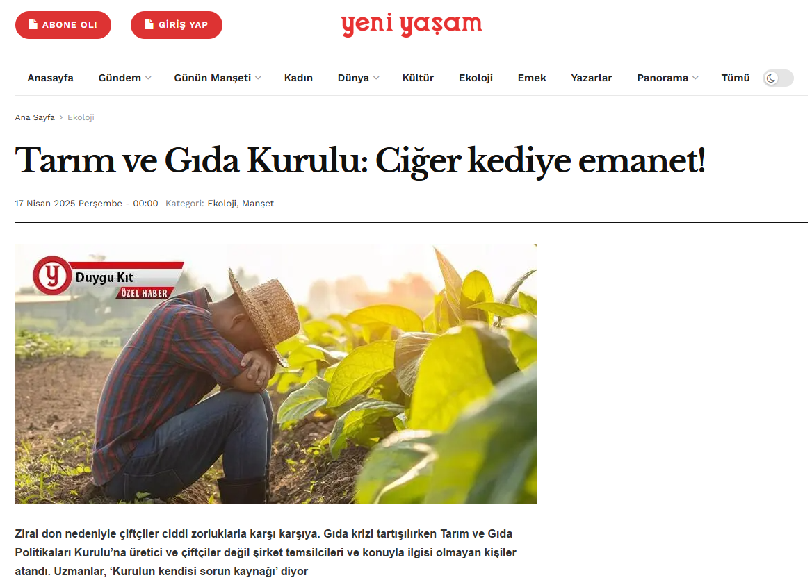 YENİ YAŞAM GAZETESİ: TARIM VE GIDA KURULU: CİĞER KEDİYE EMANET! - 17 NİSAN 2025