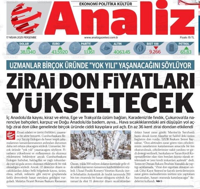 ANALİZ GAZETESİ: ZİRAİ DON TÜRKİYE'DE CİDDİ TARIMSAL HASARA NEDEN OLDU- 17 NİSAN 2025
