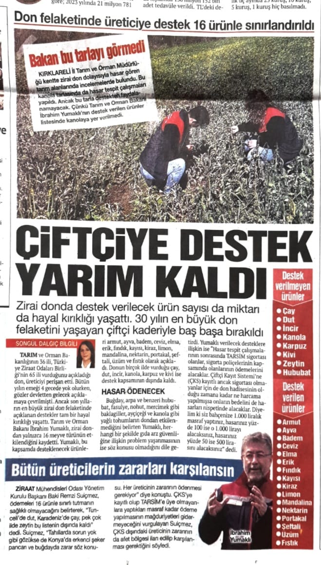 NEFES GAZETESİ: ÇİFTÇİYE DESTEK YARIM KALDI- 20 NİSAN 2025 