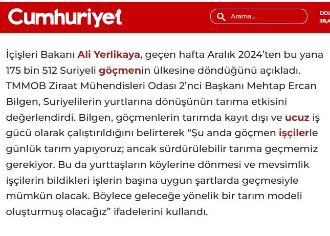 CUMHURİYET GAZETESİ: UCUZ İŞ GÜCÜ OLARAK KULLANILAN GÖÇMENLERDEN SONRA TARIMA NE OLACAK?- 27 NİSAN 2025