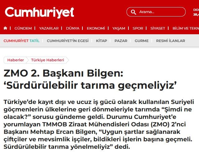 CUMHURİYET GAZETESİ: ZMO 2. BAŞKANI BİLGEN: ‘SÜRDÜRÜLEBİLİR TARIMA GEÇMELİYİZ’- 28 NİSAN 2025