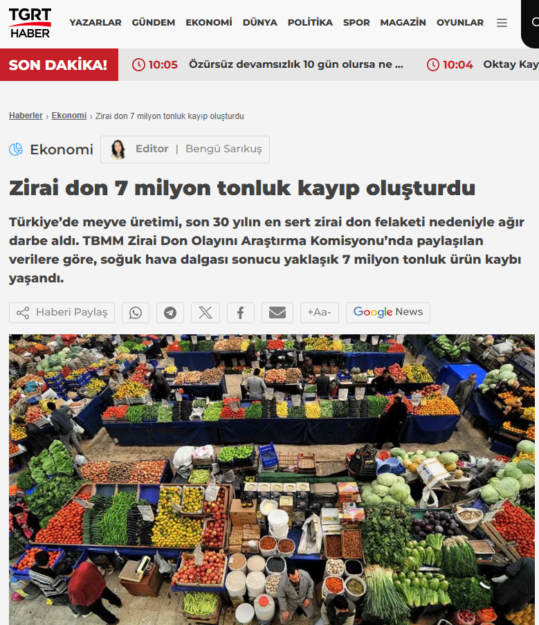 TGRT HABER: ZİRAİ DON 7 MİLYON TONLUK KAYIP OLUŞTURDU - 15 HAZİRAN 2025