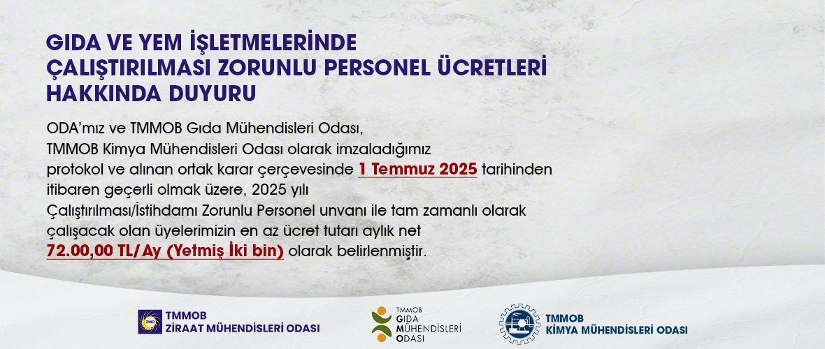 GIDA VE YEM İŞLETMELERİNDE ÇALIŞTIRILMASI ZORUNLU PERSONEL ÜCRETLERİ HAKKINDA DUYURU
