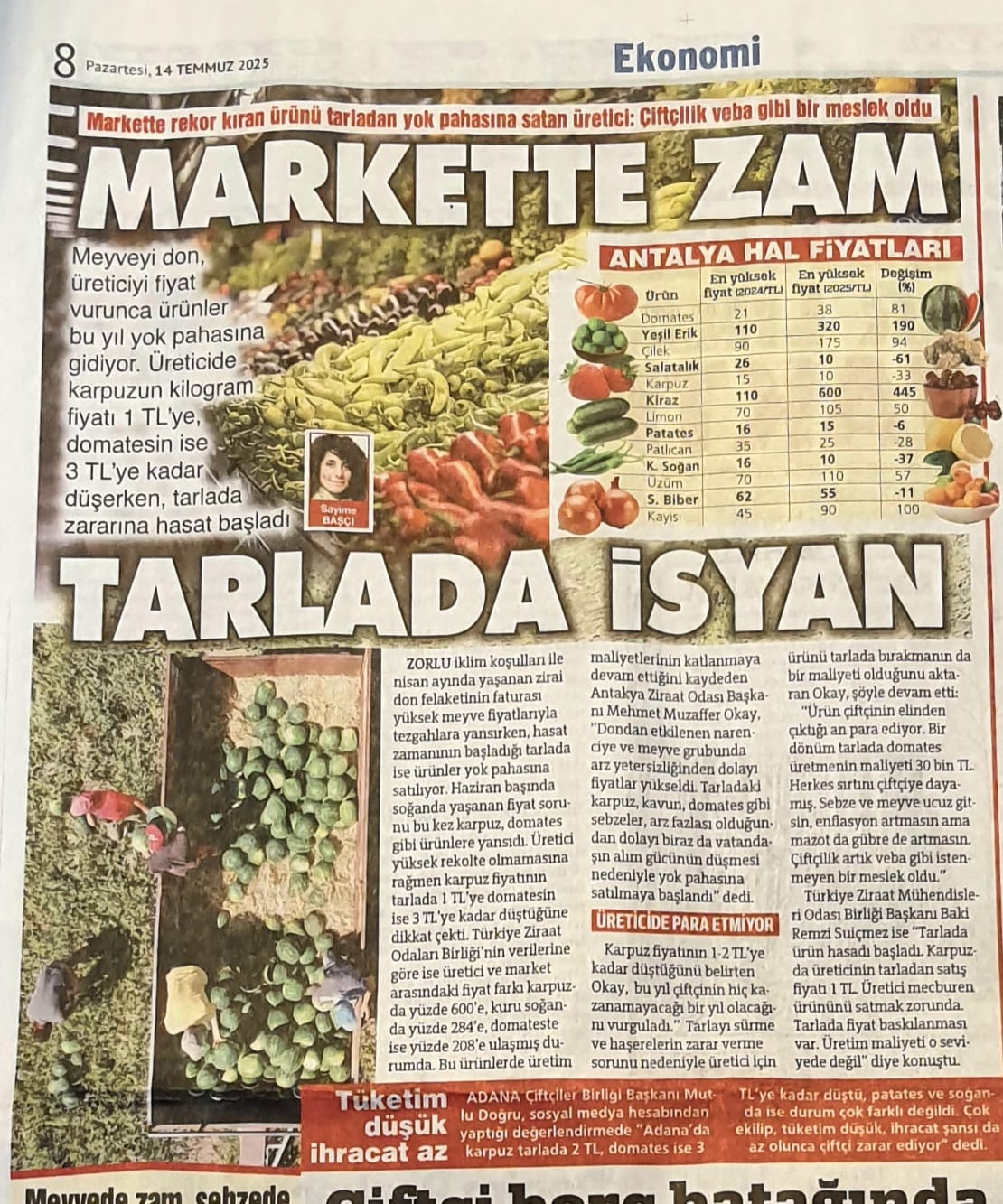 SÖZCÜ GAZETESİ: MARKETTE ZAM, TARLADA İSYAN - 14 TEMMUZ 2025