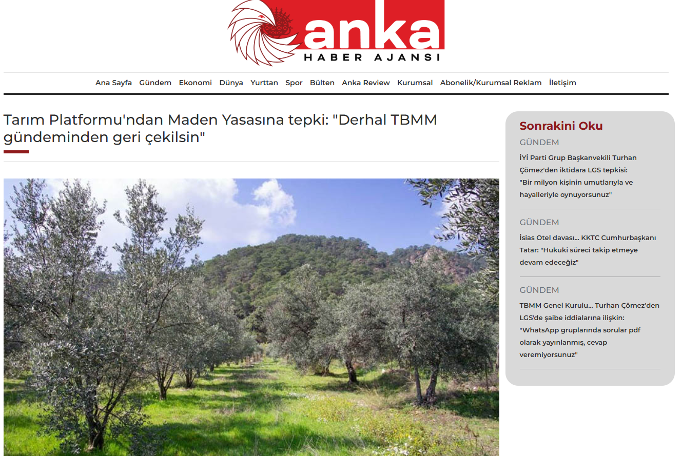 ANKA HABER AJANSI: TARIM PLATFORMU'NDAN MADEN YASASINA TEPKİ: "DERHAL TBMM GÜNDEMİNDEN GERİ ÇEKİLSİN" - 16 TEMMUZ 2025