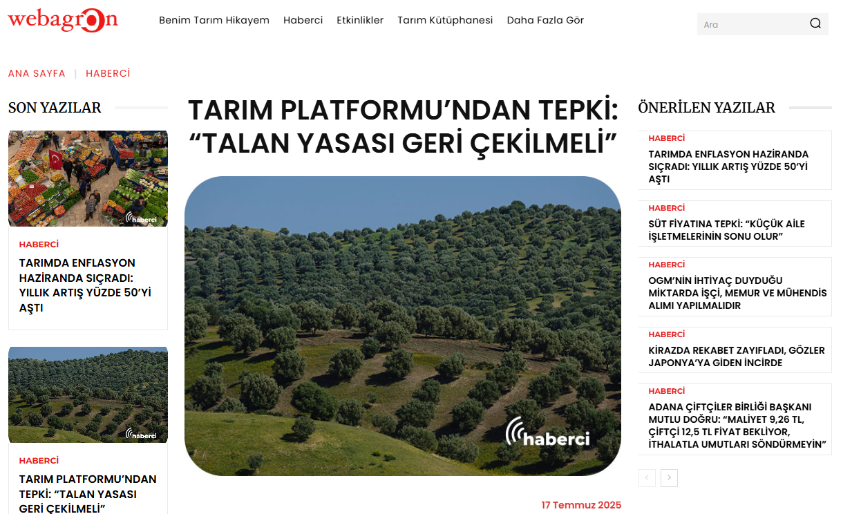 WEBAGRON: TARIM PLATFORMU’NDAN TEPKİ: “TALAN YASASI GERİ ÇEKİLMELİ” - 17 TEMMUZ 2025
