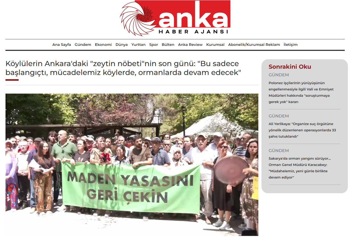 ANKA HABER AJANSI: KÖYLÜLERİN ANKARA'DAKİ "ZEYTİN NÖBETİ"NİN SON GÜNÜ: "BU SADECE BAŞLANGIÇTI, MÜCADELEMİZ KÖYLERDE, ORMANLARDA DEVAM EDECEK" - 20 TEMMUZ 2025
