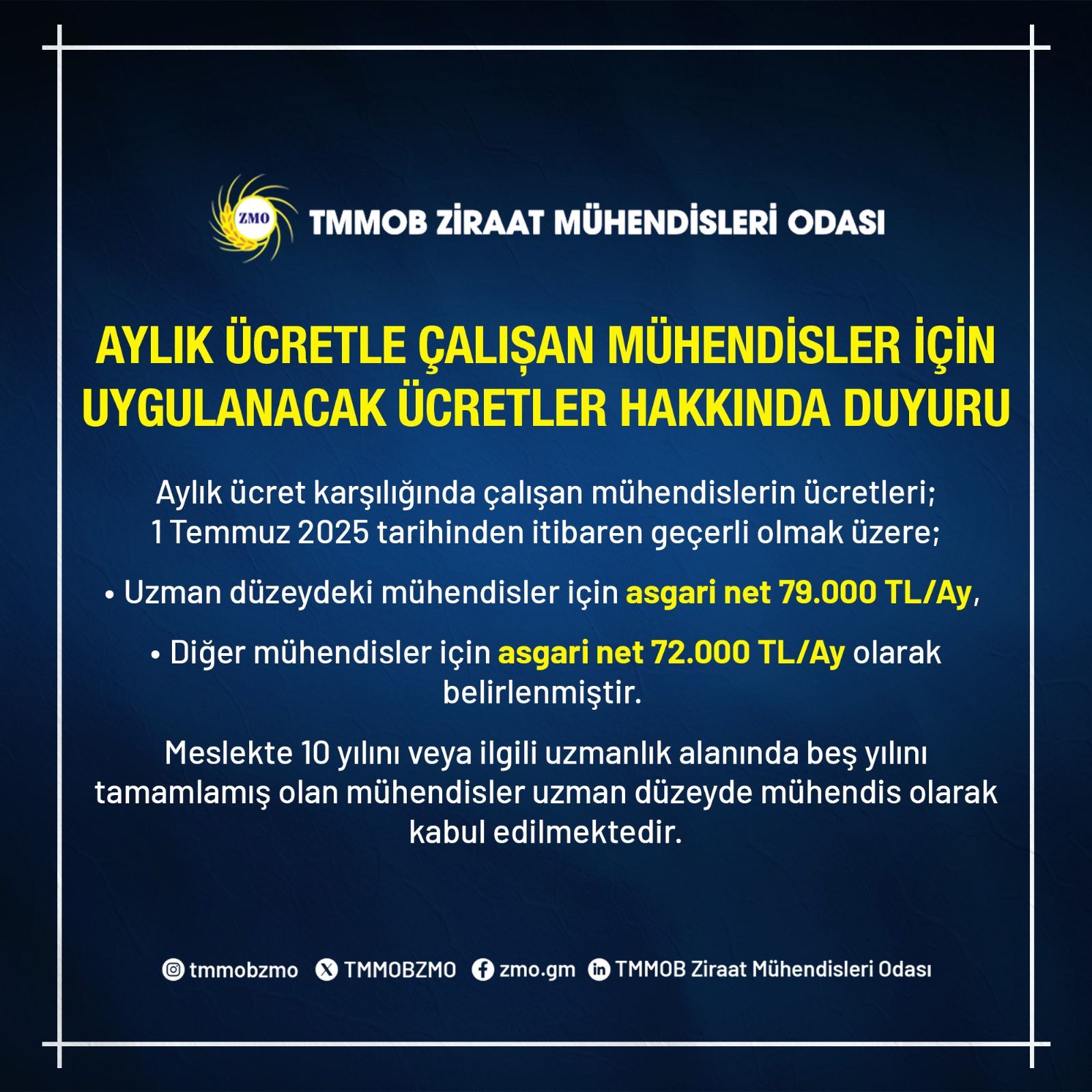 AYLIK ÜCRETLE ÇALIŞAN MÜHENDİSLER İÇİN UYGULANACAK ÜCRETLER HAKKINDA DUYURU
