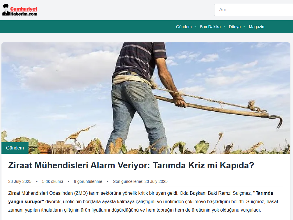 CUMHURİYETHABERİM.COM: ZİRAAT MÜHENDİSLERİ ALARM VERİYOR: TARIMDA KRİZ Mİ KAPIDA? - 23 TEMMUZ 2025