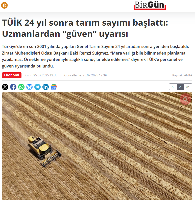 BİRGÜN GAZETESİ: TÜİK 24 YIL SONRA TARIM SAYIMI BAŞLATTI: UZMANLARDAN “GÜVEN” UYARISI - 25 TEMMUZ 2025
