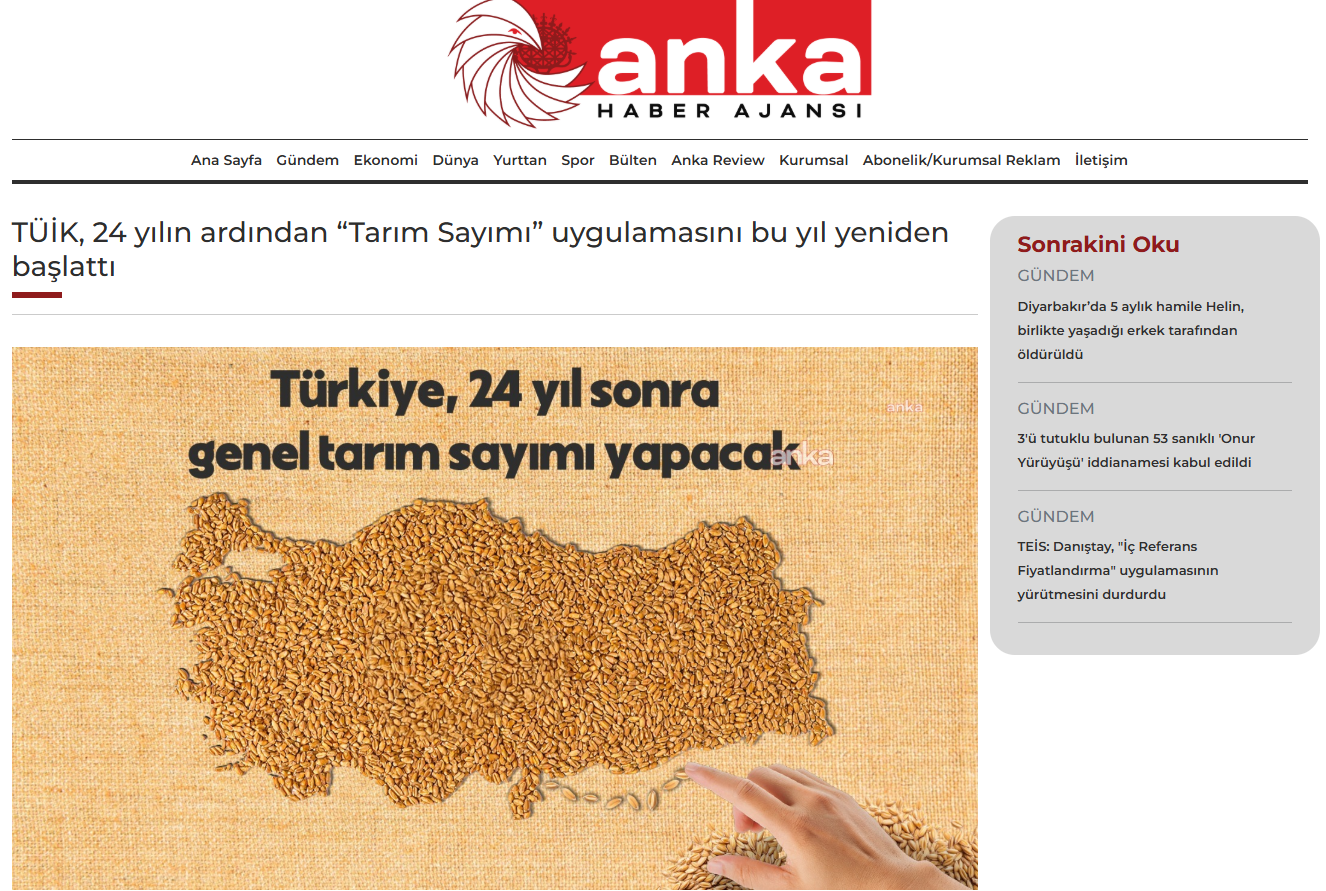 ANKA HABER AJANSI: TÜİK, 24 YILIN ARDINDAN “TARIM SAYIMI” UYGULAMASINI BU YIL YENİDEN BAŞLATTI - 25 TEMMUZ 2025
