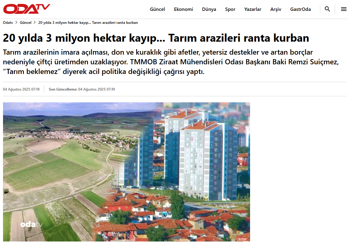 ODA TV: 20 YILDA 3 MİLYON HEKTAR KAYIP... TARIM ARAZİLERİ RANTA KURBAN - 4 AĞUSTOS 2025