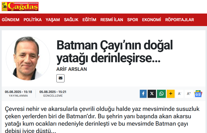 BATMAN ÇAĞDAŞ GAZETESİ: BATMAN ÇAYI’NIN DOĞAL YATAĞI DERİNLEŞİRSE… - 5 AĞUSTOS 2025