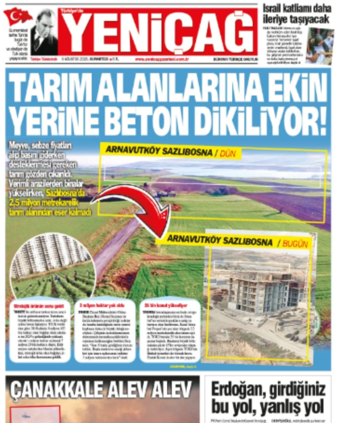 YENİÇAĞ GAZETESİ: TARIM ALANLARINA EKİN YERİNE BETON DİKİLİYOR! - 9 AĞUSTOS 2025