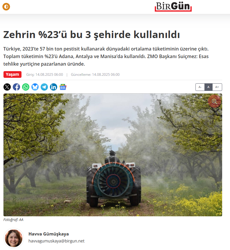 BİRGÜN GAZETESİ: ZEHRİN %23’Ü BU 3 ŞEHİRDE KULLANILDI - 14 AĞUSTOS 2025