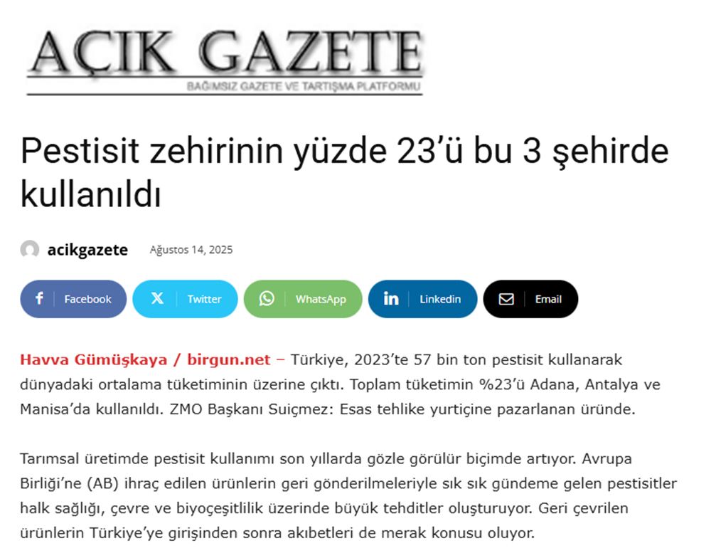 AÇIK GAZETE: PESTİSİT ZEHİRİNİN YÜZDE 23’Ü BU 3 ŞEHİRDE KULLANILDI-14 AĞUSTOS 2025