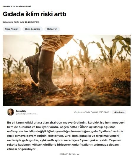 BİGPARA.HURRİYET.COM: GIDADA İKLİM RİSKİ ARTTI- 8 EYLÜL 2025 