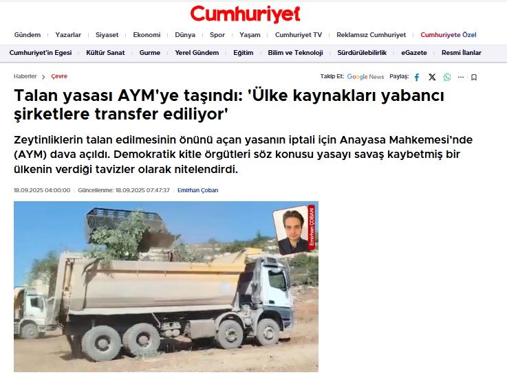CUMHURİYET GAZETESİ: TALAN YASASI AYM'YE TAŞINDI: 'ÜLKE KAYNAKLARI YABANCI ŞİRKETLERE TRANSFER EDİLİYOR'- 18 EYLÜL 2025