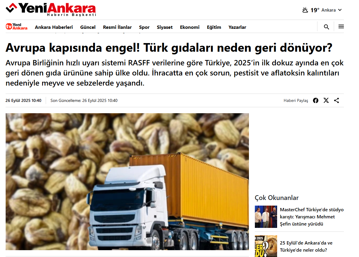 YENİ ANKARA GAZETESİ: AVRUPA KAPISINDA ENGEL! TÜRK GIDALARI NEDEN GERİ DÖNÜYOR? - 26 EYLÜL 2025 