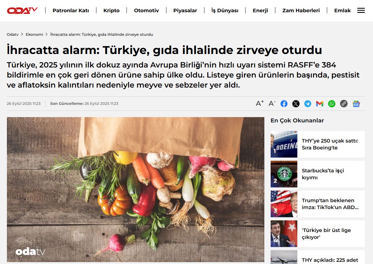 ODA TV: İHRACATTA ALARM: TÜRKİYE, GIDA İHLALİNDE ZİRVEYE OTURDU - 26 EYLÜL 2025